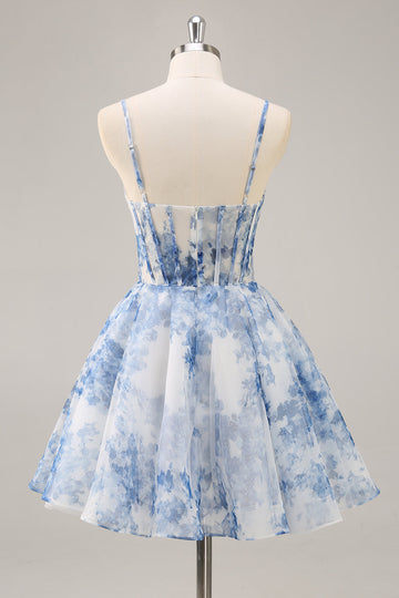 White Blue Flower A Line Corset Ruched Homecoming Dress